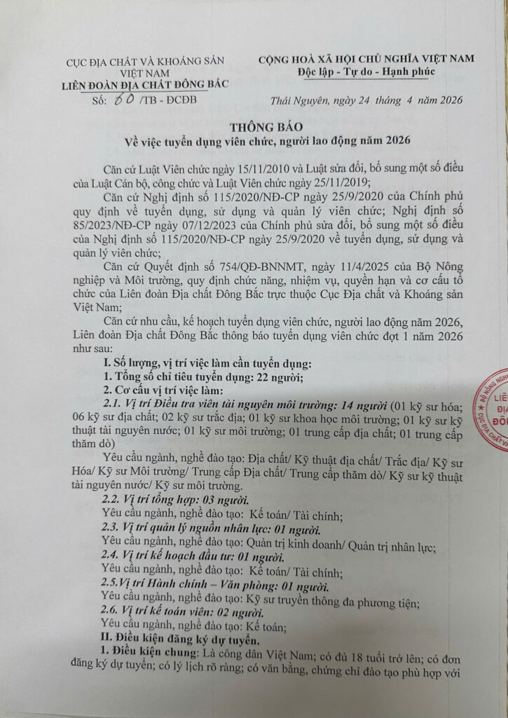 Liên đoàn Địa chất Đông Bắc thông báo: Tuyển dụng viên chức, người lao động năm 2026