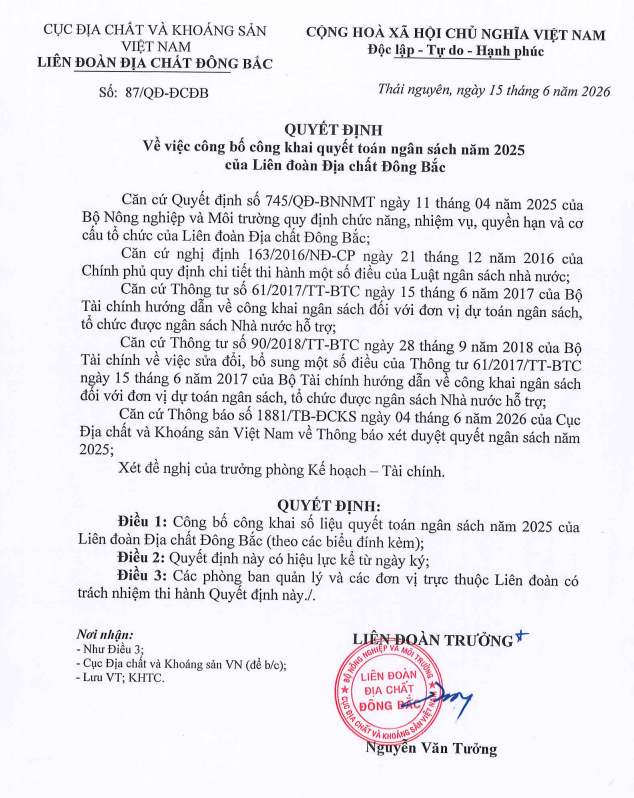 QUYẾT ĐỊNH về việc công bố công khai quyết toán ngân sách năm 2025 của Liên đoàn Địa chất Đông Bắc